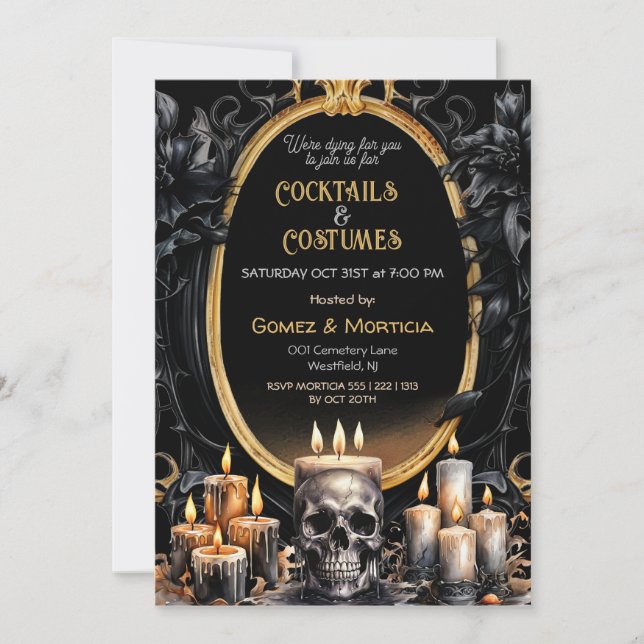 Halloween Black Guld Candles Skull Spooky Inbjudningar (Framsida)