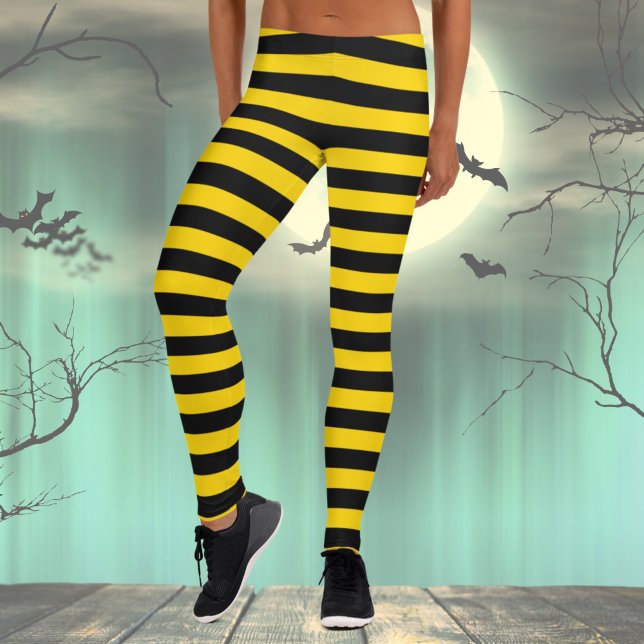 Halloween Black & Gult Costume Leggings (Black and Yellow Striped leggings for Womens Halloween Costume, Bee Costume)