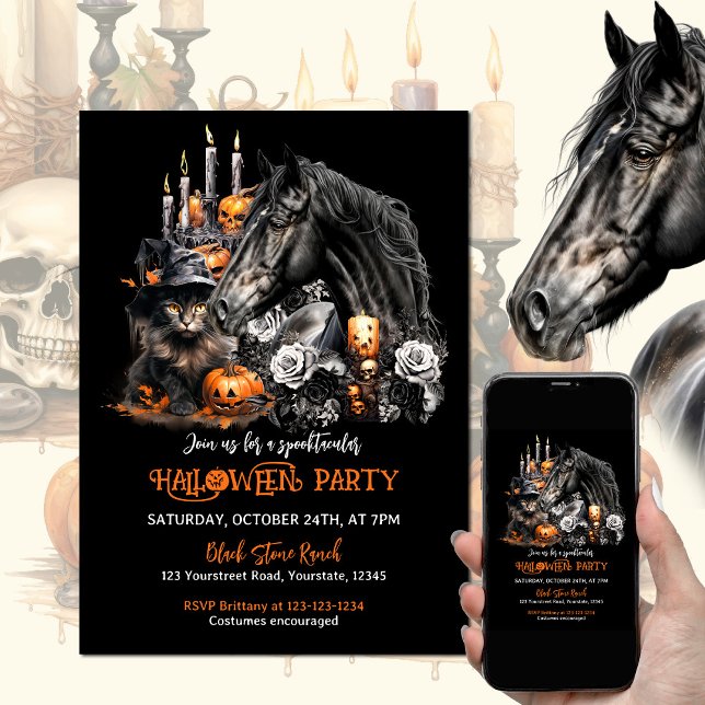 Halloween Black Horse Black Cat pooky Inbjudningar (Horse lover Halloween party invitation with black horse, black cat, pumpkins, candles and black rose)