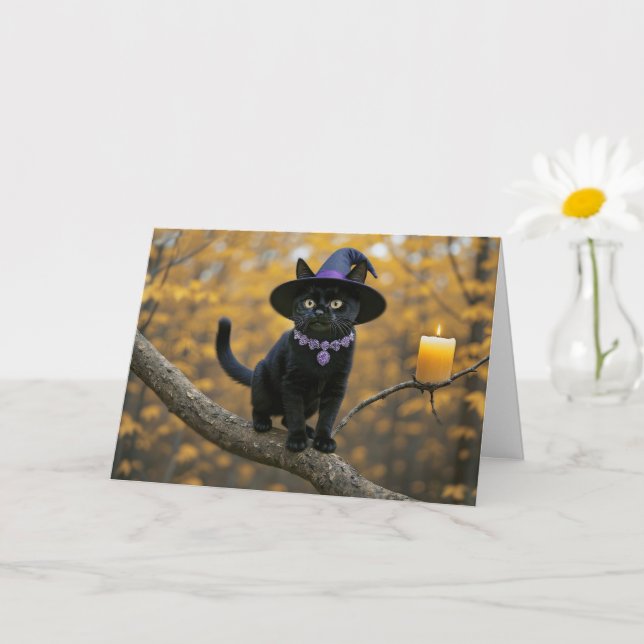 Halloween Black Kitten Cat med Witch Hat i Träd Kort (Liten växt)