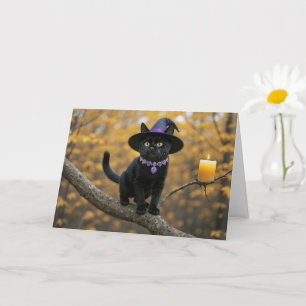 Halloween Black Kitten Cat med Witch Hat i Träd Kort