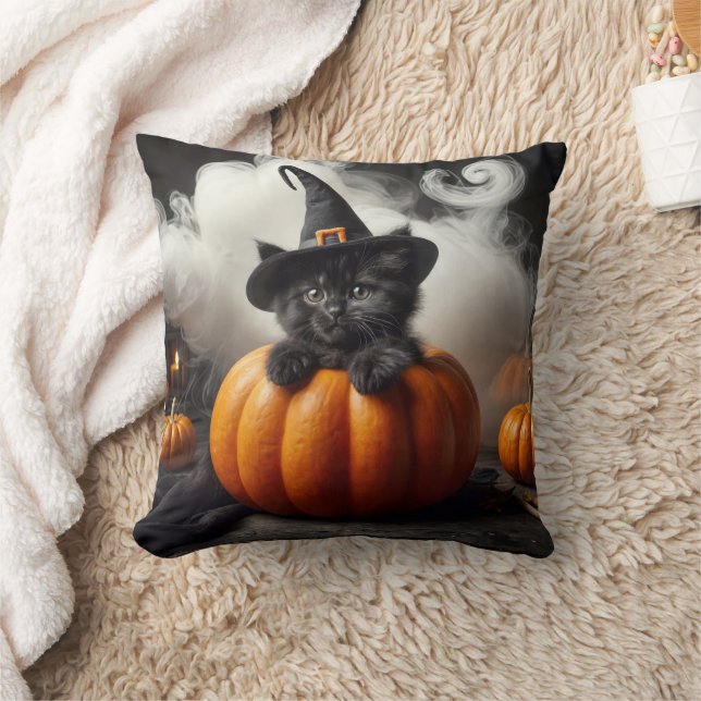 Halloween Black Kitten i Pumpkin Kudde (Filt)