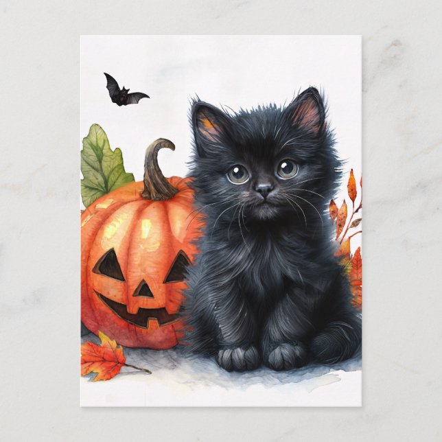 Halloween Black Kitten med Jack-o-lantern Vykort (Framsida)