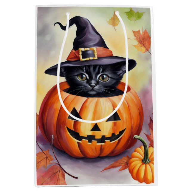 Halloween Black Kitten Witch Hat Pumpkin Gift Bag (Framsidan)