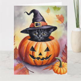 Halloween Black Kitten Witch Hat Pumpkin Kort
