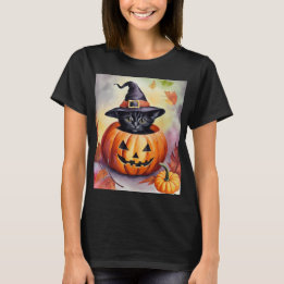 Halloween Black Kitten Witch Hat Pumpkin-kort T Shirt
