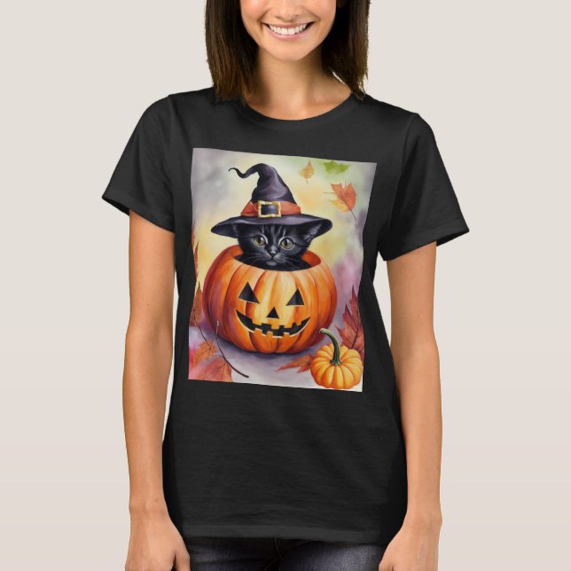 Halloween Black Kitten Witch Hat Pumpkin-kort T Shirt (Framsida)
