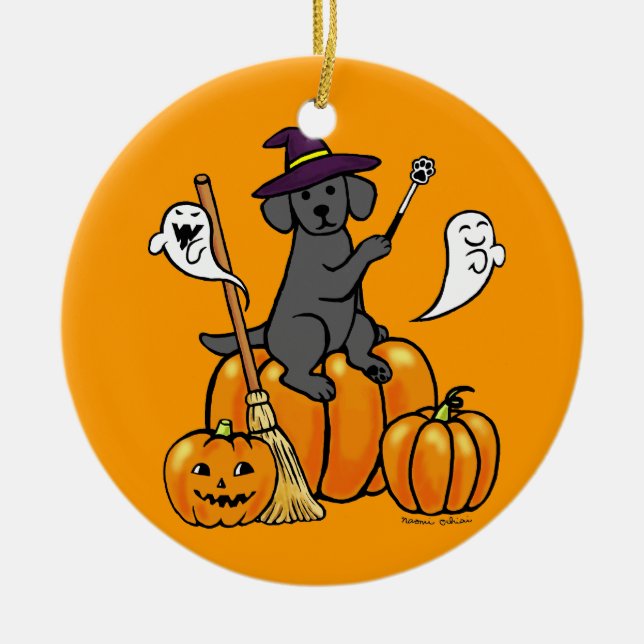 Halloween Black Labrador Tecknad 2 Julgransprydnad Keramik (Framsidan)