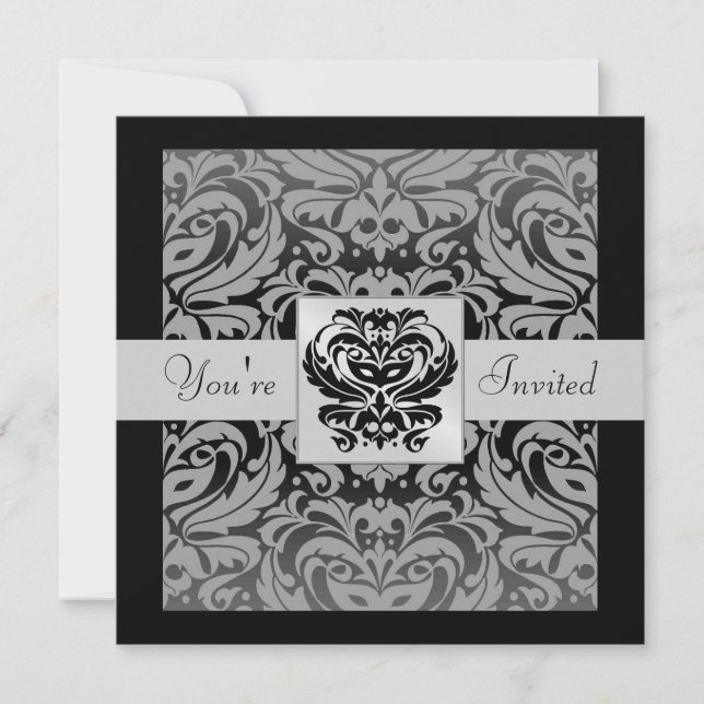 Halloween Black Mask Damask Grått Ribbon-inbjudan Inbjudningar (Framsida)