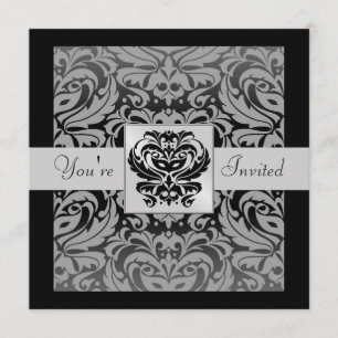 Halloween Black Mask Damask Grått Ribbon-inbjudan Inbjudningar