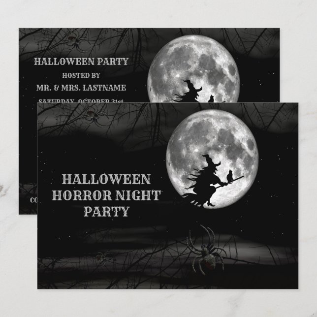 Halloween Black Night Flies Witch Full Moon Scary Inbjudningar (Fram/baksida)