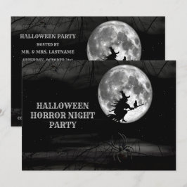 Halloween Black Night Flies Witch Full Moon Scary Inbjudningar