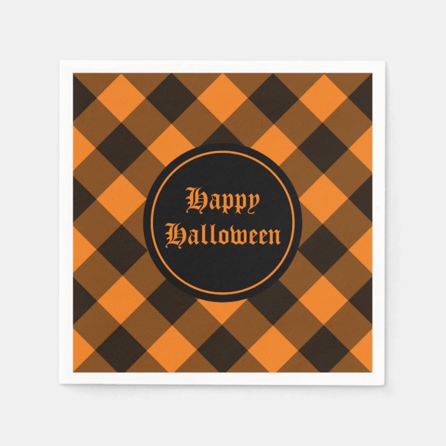 Halloween Black Orange Gingham Check Mönster Pappersservett (Framsidan)