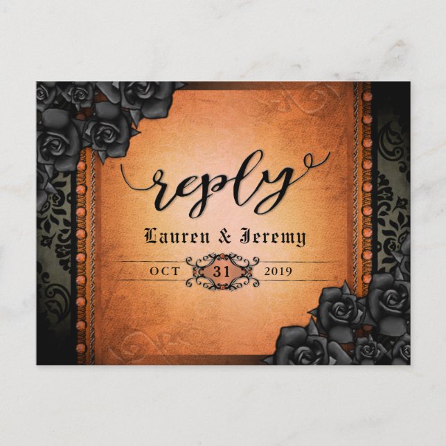 Halloween Black & Orange Gothic Reply PostCard Inbjudan Vykort (Framsida)