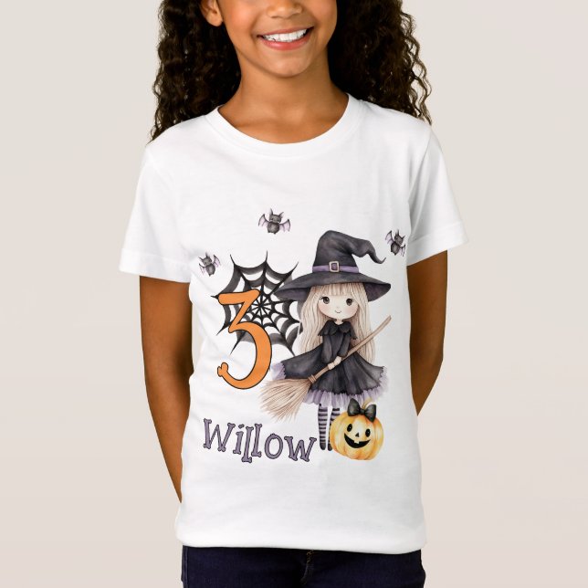 Halloween Black Orange Little Witch Birthday T Shirt (Framsida)