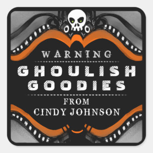 Halloween Black Orange White Treat Warning Label Fyrkantigt Klistermärke