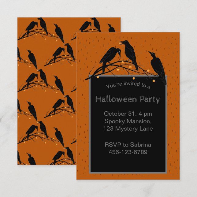 Halloween Black Ravens Minimalist Mönster Inbjudningar (Fram/baksida)