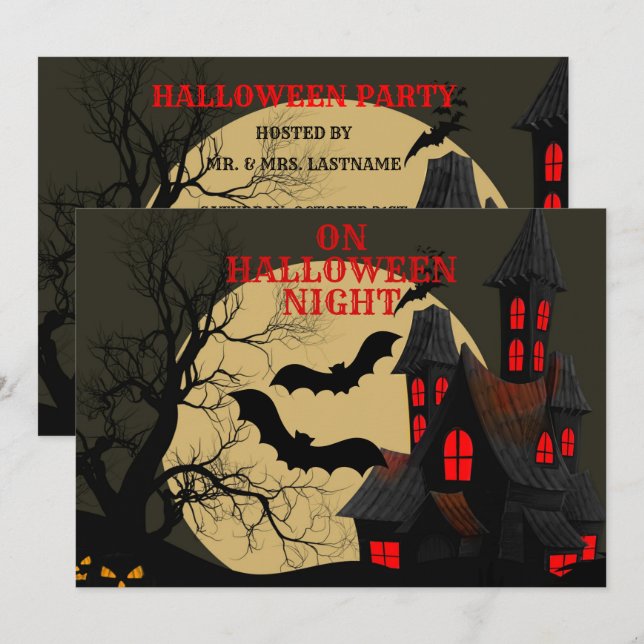 Halloween Black Red Haunted House Fladdermus Full  Inbjudningar (Fram/baksida)