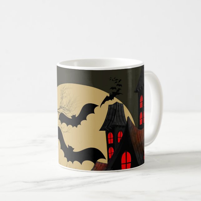 Halloween Black Red Haunted House Fladdermus Full  Kaffemugg (Framsida höger)
