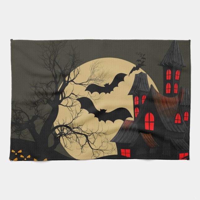 Halloween Black Red Haunted House Fladdermus Full  Kökshandduk (Horisontell)