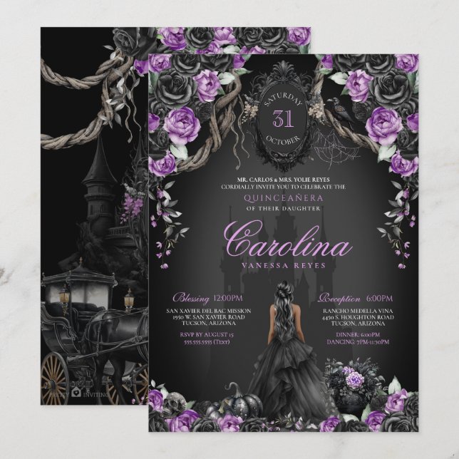 Halloween Black Ro Lila Princess Quinceanera Inbjudningar (Fram/baksida)