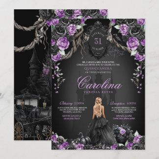 Halloween Black Ro Lila Princess Quinceañera Inbjudningar