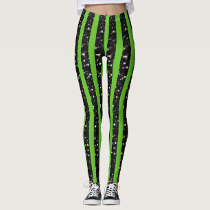 Halloween Black sparkles rand linjer på grönt Leggings