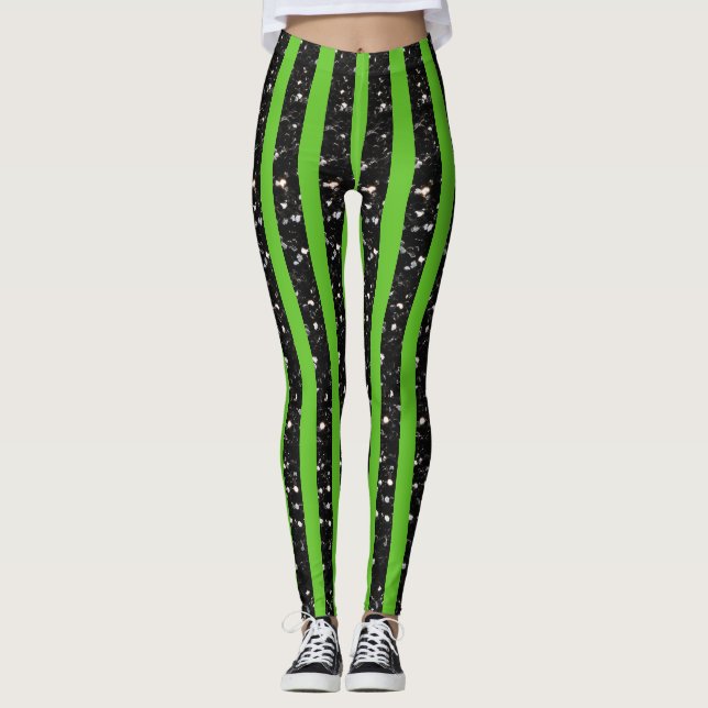 Halloween Black sparkles rand linjer på grönt Leggings (Framsida)