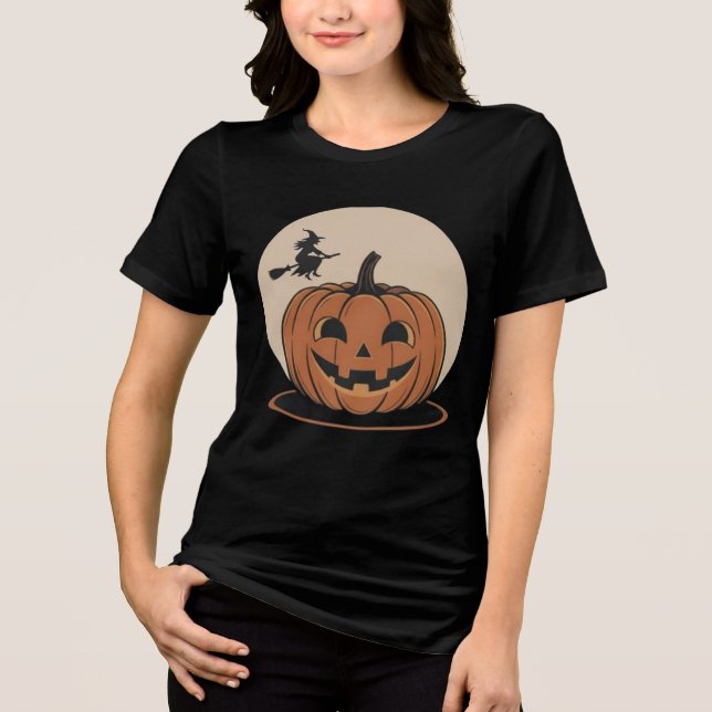 Halloween Black TShirt Jack o lantern Flies Witch T Shirt (Framsida)