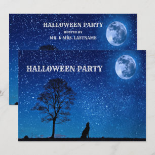 Halloween Black Varg Träd-marinblått, fullt måne Inbjudningar