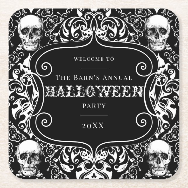 Halloween Black White Damask Skull Gothic Anpassni Underlägg Papper Kvadrat (Framsidan)