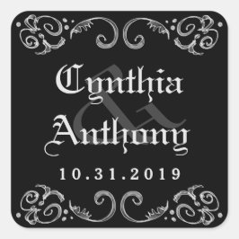 Halloween Black White Gothic Names & Wedding Date Fyrkantigt Klistermärke
