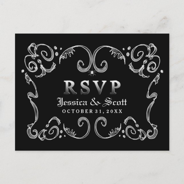 Halloween Black White Gothic Rulla OSA MENU Inbjudan Vykort (Framsida)