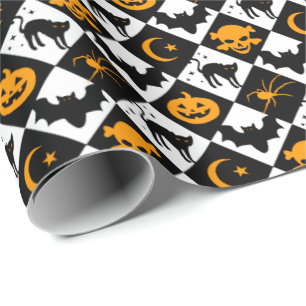 Halloween Black White Orange Harlequin Mönster Presentpapper