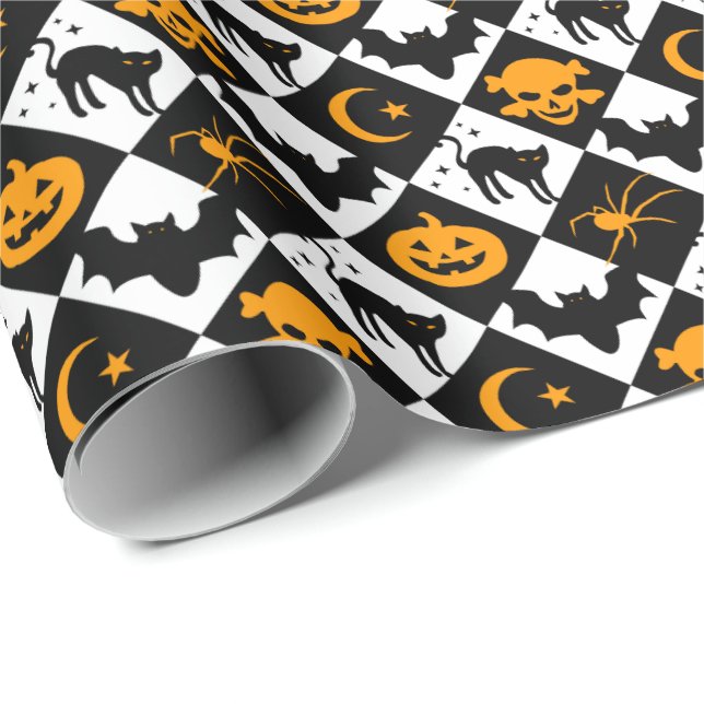 Halloween Black White Orange Harlequin Mönster Presentpapper (Rullad Hörn)