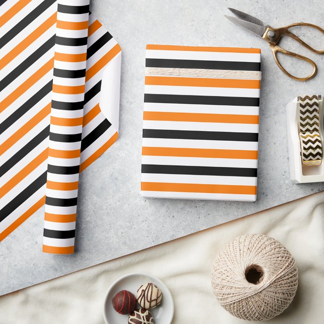 Halloween Black White Orange Rand Mönster Gift Presentpapper (Halloween Black White Orange Stripes Pattern Gift Wrapping Paper)