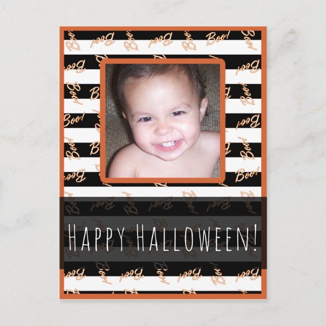 Halloween Black White Rand Modern Boo Photo Vykort (Framsida)