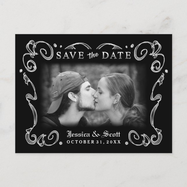 Halloween Black White Rulla Photo Save Date Meddelande Vykort (Framsida)