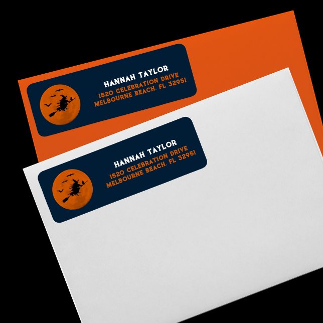 Halloween Black Wicked Witch Flies Orange Måne Returadress Etikett (witchy address label)
