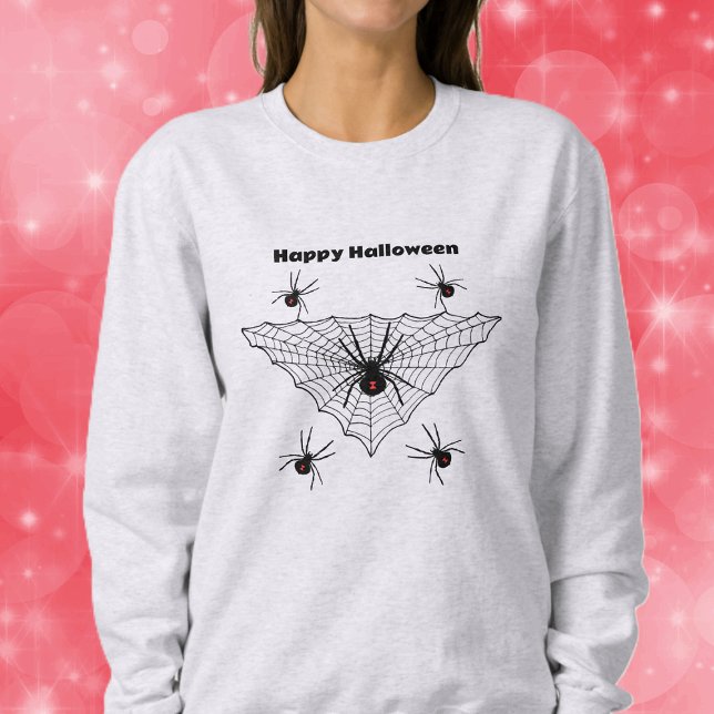 Halloween Black Widow Spiders in Webben Red Hourgl T Shirt (Creepy black widow spiders red hourglass mark in black triangular web on Halloween sweatshirt.)