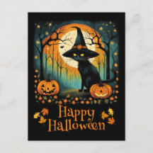 Halloween Black Witch Cat and Full Moon Pumpkin