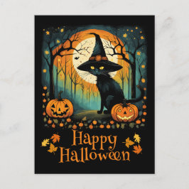 Halloween Black Witch Cat and Full Moon Pumpkin Vykort