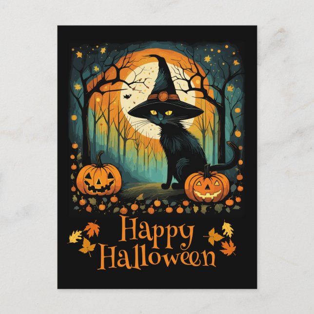 Halloween Black Witch Cat and Full Moon Pumpkin Vykort (Framsida)