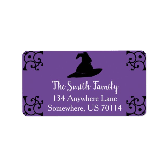 Halloween Black Witch Hat & Lila Adressetikett (Framsidan)
