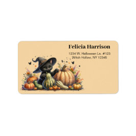 Halloween Black Witch's Kitten W/ Pumpkins Gourds Adressetikett