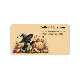 Halloween Black Witch's Kitten W/ Pumpkins Gourds Adressetikett