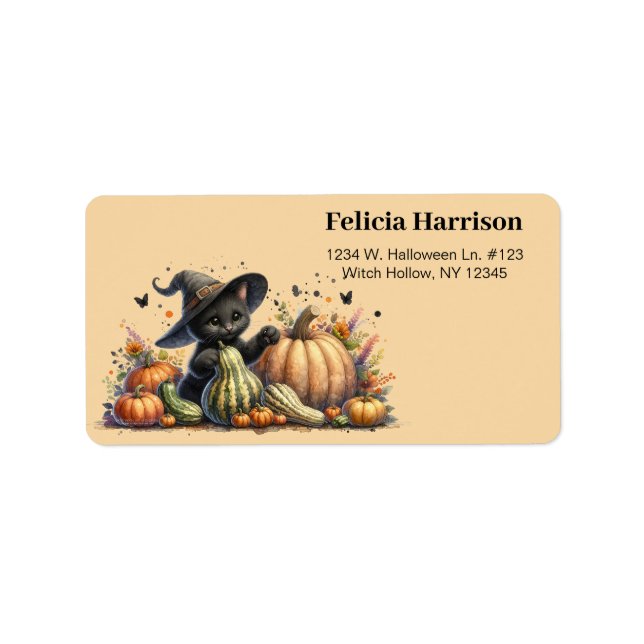 Halloween Black Witch's Kitten W/ Pumpkins Gourds Adressetikett (Framsidan)