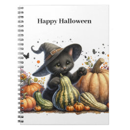 Halloween Black Witch's Kitten W/ Pumpkins Gourds Anteckningsbok