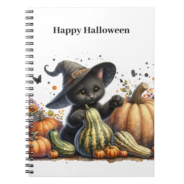 Halloween Black Witch's Kitten W/ Pumpkins Gourds Anteckningsbok (Framsidan)
