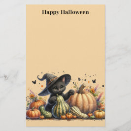 Halloween Black Witch's Kitten W/ Pumpkins Gourds Brevpapper